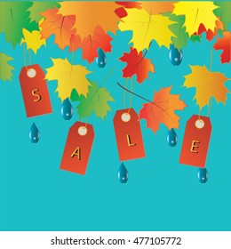 Autumn sale banner colorful tags leaves raindrops vector art creative modern isolated light blue background elements for design