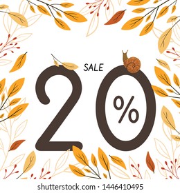 Autumn sale banner with colorful tree leaves. Seasonal decorative elements with sign in frame isolated on white background. Template for posts and stories advertising. Social media trends.