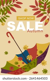 Autumn sale banner with colorful umbrella, falling leaves, and Shop Now text. Flat vector illustration in warm seasonal colors. Perfect for fall promotions, web, print, and social media ads.
