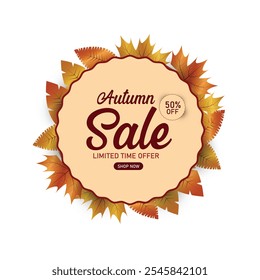 Autumn sale banner. Colourful leaves with a round badge and hand lettering. Seasonal illustration with various autumn leaves