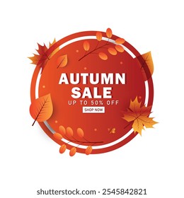 Autumn sale banner. Colourful leaves with a round badge and hand lettering