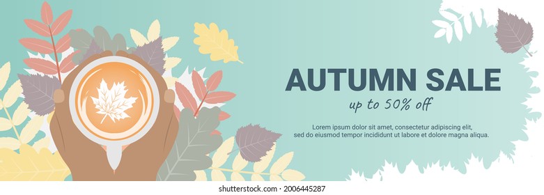 Autumn sale banner concept with hands, holding a cup of coffee and colorful fall leaves.. Fall season sale, promotion, business flyer concept. Vector flat design illustration