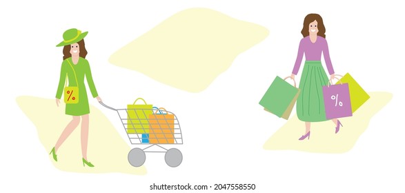 Autumn sale, banner. A copy of the space, a place for your advertising. Happy shoppers girls with shopping bags and a cart. Flat design style.