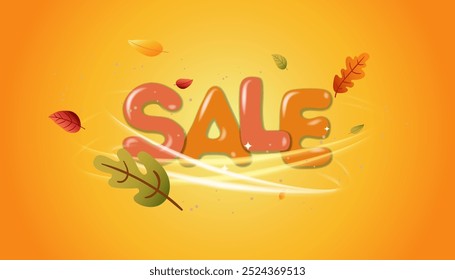 Autumn Sale banner or cover with bright beautiful leaves and modern typography. Fall trendy minimal design. Template for advertising, web, social media, vector illustration