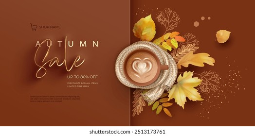 Autumn Sale banner with a cup of coffee, fall leaves and drawn plants. Abstract fall collage