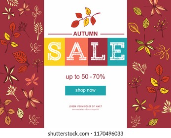 Autumn sale banner design with discount label in colorful autumn leaves background for fall season shopping promotion. Vector illustration