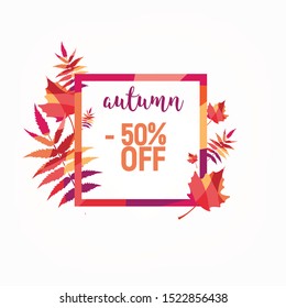 Autumn sale banner design with discount label for fall shopping promotion. Vector illustration.
