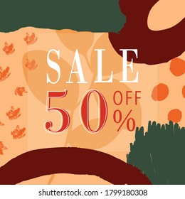 Autumn sale banner design discount label in earth tone color and organic shapes shopping promotion and advertisement. Vector illustration.