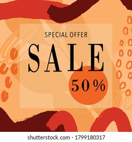 Autumn sale banner design discount label in earth tone color and organic shapes shopping promotion and advertisement. Vector illustration.