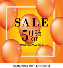 Autumn sale banner design with discount label in orange tone color and realistic balloon design for autumn and fall shopping promotion and advertisement. Vector illustration.