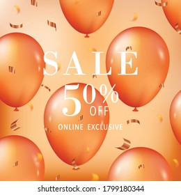 Autumn sale banner design with discount label in orange tone color and realistic balloon design for autumn and fall shopping promotion and advertisement. Vector illustration.