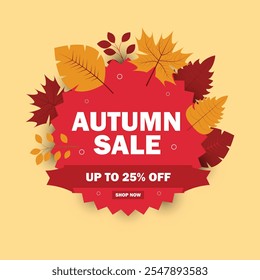 Autumn sale banner design with discount label in colourful autumn leaves background for fall season shopping promotion