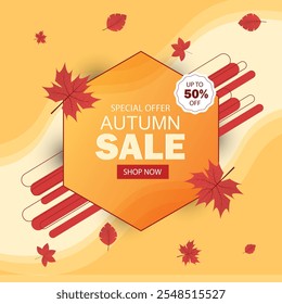 Autumn sale banner design with discount label in colourful autumn leaves background for fall season shopping promotion