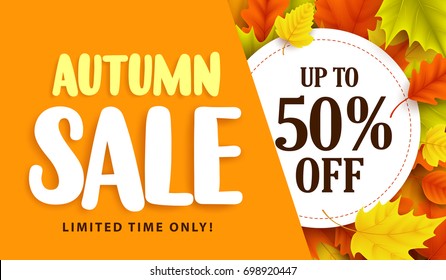 Autumn sale banner design with discount label in colorful autumn leaves background for fall season shopping promotion. Vector illustration.
