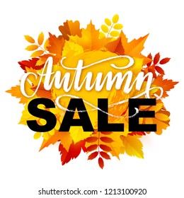 Autumn sale banner design with Autumn leaves on a white background. Hand written lettering. Vector illustration.
