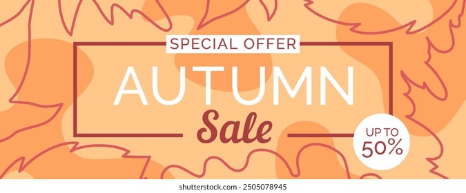 autumn sale  banner design with line  leaves  on orange background  vector illustration
