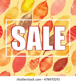 "Autumn SALE" banner design on seamless pattern of bright autumn leaves. Vector illustration.