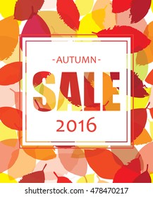 "Autumn SALE" banner design on seamless pattern of bright autumn leaves. Vector illustration.