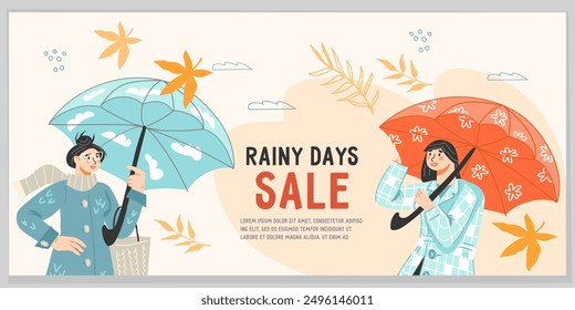 Autumn sale banner design with people under umbrellas among colorful autumn leaves, vector illustration. Website background for fall season shopping.