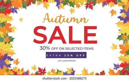 Autumn sale banner design template with colorful leaves on white background. Fall vector flat style background for banner, flyer, wallpaper, brochure, greeting card. Cartoon vector illustration