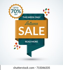 Autumn sale banner. Discount label. Special offer vector template. Up to 70 percent off badge or tag. Half price colorful sticker. Shopping background