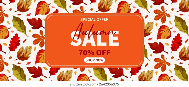 Autumn sale banner with discount on orange background with falling leaves. Seasonal marketing promotion for shopping. Vector.