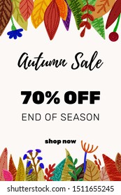 Autumn sale banner with discount text label and colored leaves for fall season shopping promotion.  Colorful leaves border or frame.  Pencil crayon drawing. Vector illustration.