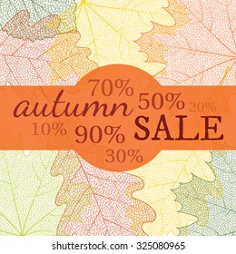 Autumn sale banner with discount. Vector skeleton fall leaves on background. Can be used for flyers, banners, posters, cards etc. Vector illustration.