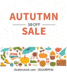 Autumn sale banner with fall elements - umbrella, pumpkin, socks, books, scarf. Vector illustration.
