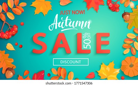 Autumn sale banner in fall leaves frame.Big discounts promo with colorful leaf,rowan berries,acorns,pumpkin for seasonal shopping promotion,web,flyers.Template for cards,advertise.Vector illustration.