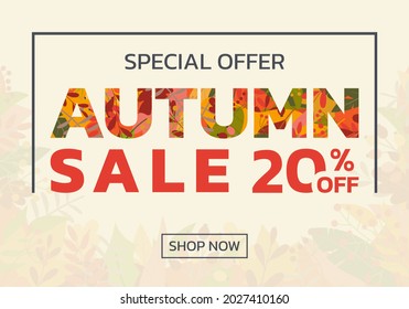 Autumn sale banner with fall leaves. Discount background design for promotion, poster, flyer or ad. Special offer with 20 percent price off. Vector illustration.