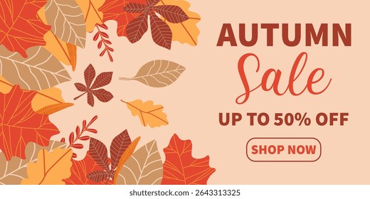 Autumn sale banner with fall leaves. Promotional design for seasonal discounts. Graphic background for marketing and special offers. Vector
