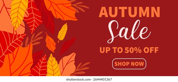 Autumn sale banner with fall leaves. Promotional background illustration for seasonal marketing and online shop offers for autumn. Vector