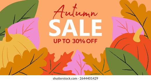 Autumn sale banner with fall leaves and pumpkins. Fall discount promotion for shopping, marketing, store advertising. Vector