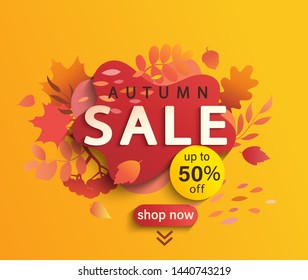 Autumn sale banner, fall season discount poster with falling leaves and shadow of rowan and acorn, 50 percent price off for shopping promotions,prints,flyers,invitations, special offer card. Vector.