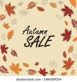 Autumn sale banner, fall season discount poster with falling colored leaves.  Vector.