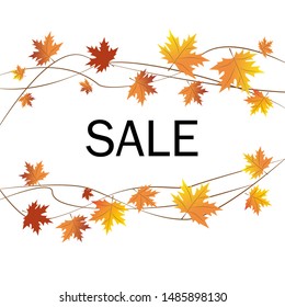 Autumn sale banner, fall season discount poster with falling colored leaves and lines. Vector.