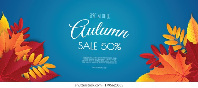Autumn Sale Banner, Fall Season Discount Poster With Falling Leaves For Shopping Promotions,prints,flyers,invitations, Special Offer Card.