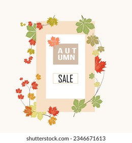 Autumn sale banner with fallen leaves on branches, promotional poster, shop discount flyer or voucher. Cartoon vector illustration, abstract floral background in cartoon style.