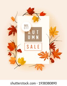 Autumn Sale Banner with Fallen Maple Leaves on Branches, Promo Advertising Poster, Store Discount Flyer or Off Voucher. Cartoon Vector Illustration, Abstract Floral Background in Cartoon Style.