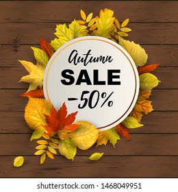 Autumn sale banner with falling leaves on dark wood background. Place for text. Template for fall festival, poster, web, invitation, flyer, thanksgiving. Vector illustration. Circle concept.