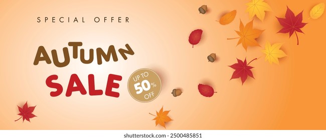 Autumn Sale Banner with falling leaves. Vector illustration