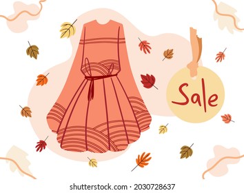 Autumn sale banner fashion clothes vector flat style. Stylish orange dress with autumn leaves in the background. Discount week, women's clothing sale poster. Online shopping concept.