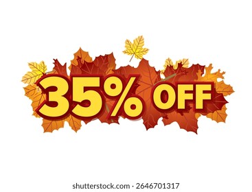 Autumn sale banner featuring 35 percent off with a background of vibrant leaves. Seasonal marketing concept