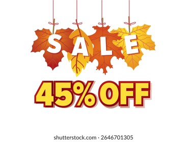 Autumn sale banner featuring 45 percent off with colorful leaves hanging above the word sale. Seasonal marketing concept