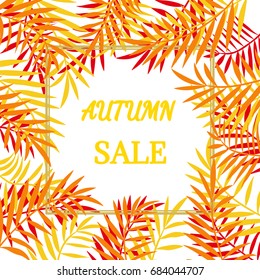 Autumn sale banner, frame, border with colorful hand draw autumn leaves. Fall sale design poster background. Layout for discount labels, flyers and shopping.