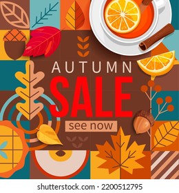 Autumn sale banner in geometric simple style and realistic cartoon style for seasonal shopping promotion,web.Template for discount cards,flyers, posters, advertise,business presentation, print.Vector.