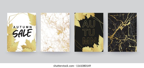 Autumn sale banner. Gold, black marble texture. Golden leaves.  Fall  modern style brochure, card, invitation template. 