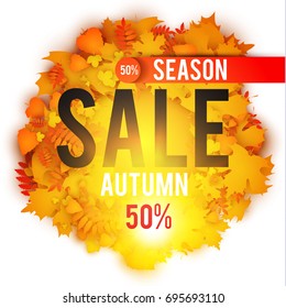 Autumn Sale Banner with Gold Leaves. Season Template. Vector illustration