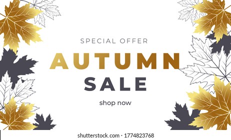 Autumn sale banner with gold and outline autumn leaves. Vector fall poster golden background. Layout for discount labels, flyers and shopping.
